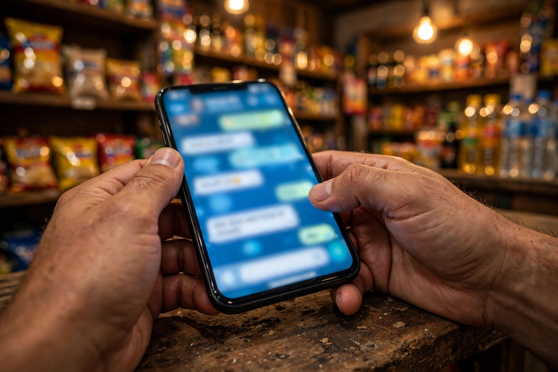 Manos sosteniendo un celular con una conversación de WhatsApp sobre el mostrador de una tienda colombiana